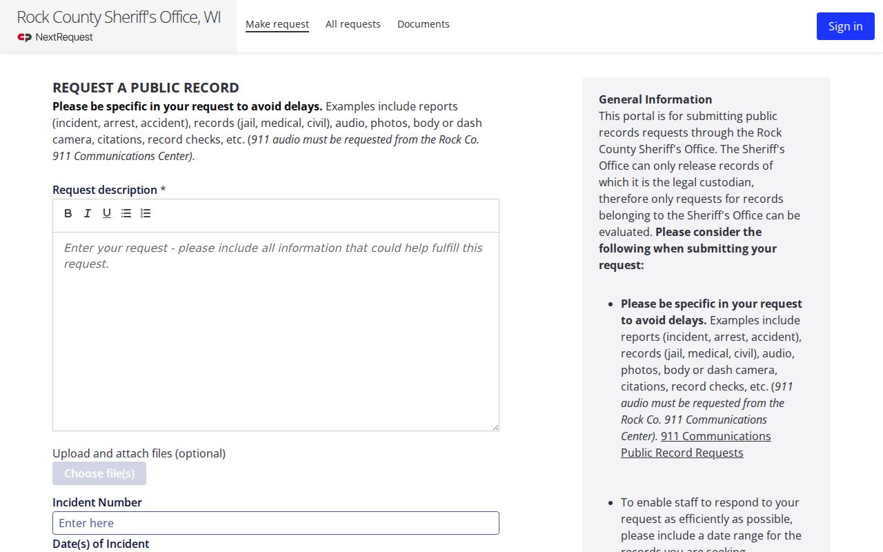 Rock County arrest report request through Sheriff NextRequest