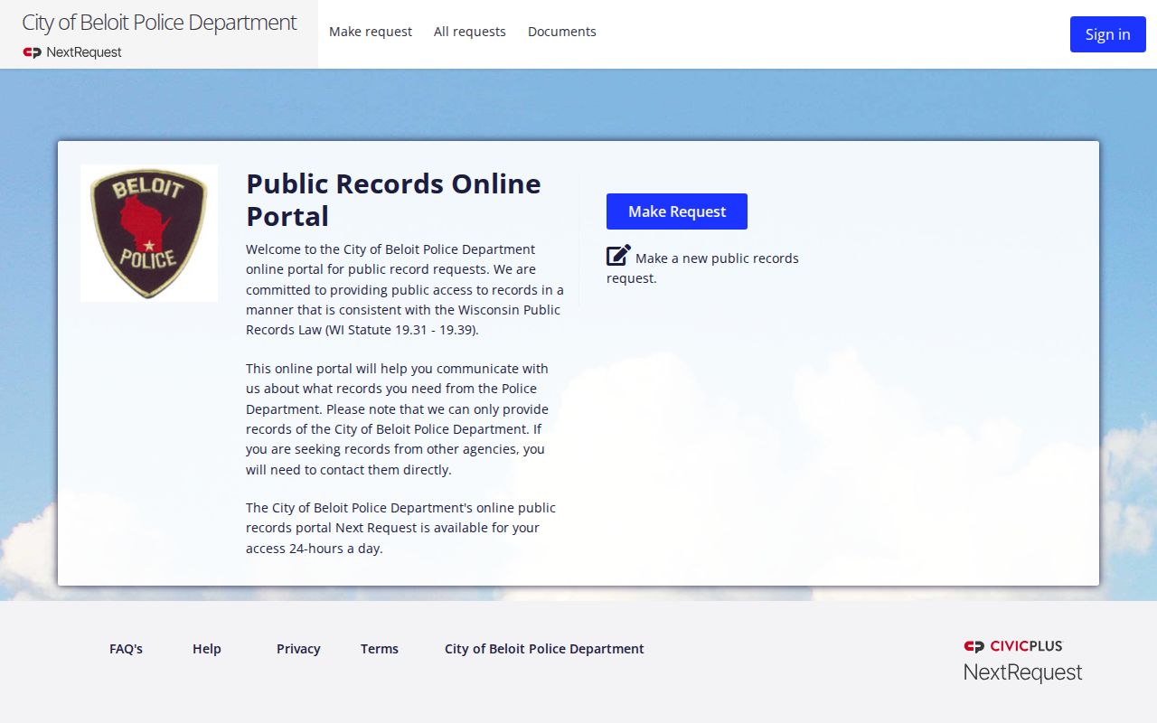 Beloit criminal records request screen in the official NextRequest portal