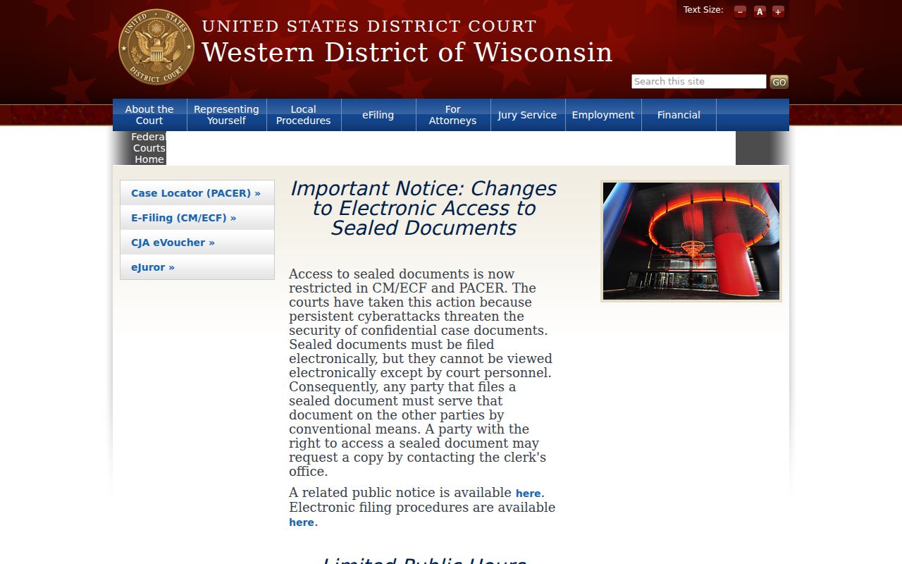 Western District federal criminal court access for Rock County