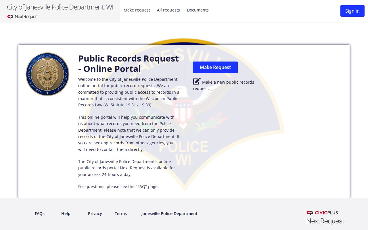 Janesville criminal records request portal for police files